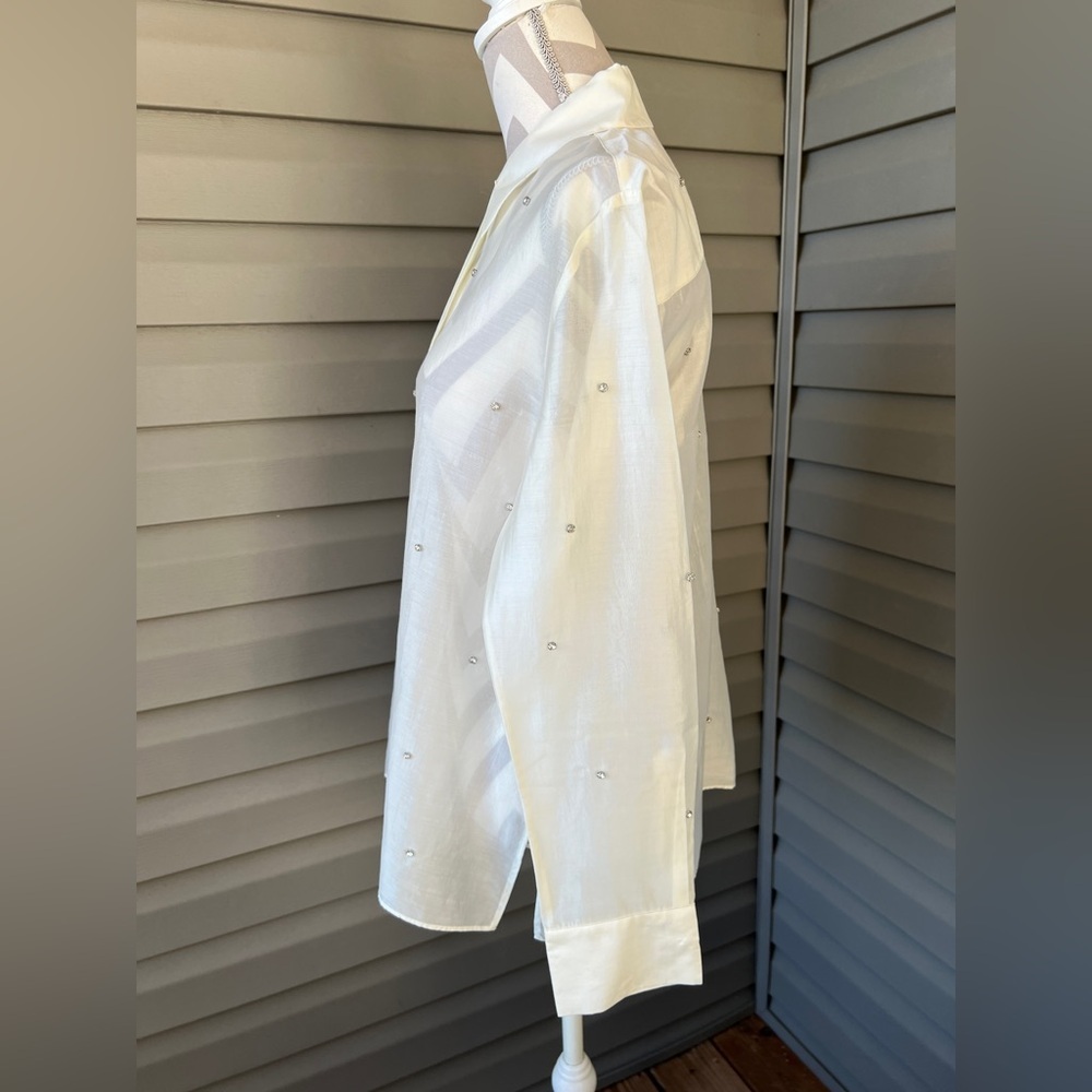 NWT!! Zara Oyster White Ecru Semi Sheer Shirt Blouse With Jewels Size L - Picture 5 of 14